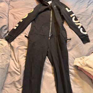 Black Zip-Up adult onesie soul cycle Jumpsuit with silver letters